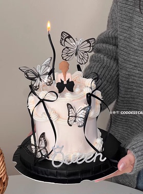 38女神节蛋糕装饰品唯美背影女神摆件钻石queen黑色幻彩蝴蝶插件