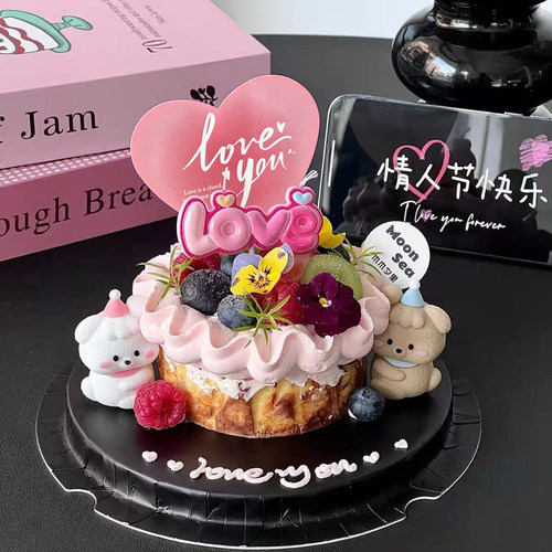 520网红情人节卡通修狗蛋糕装饰摆件粉色love蜡烛情侣告白装扮