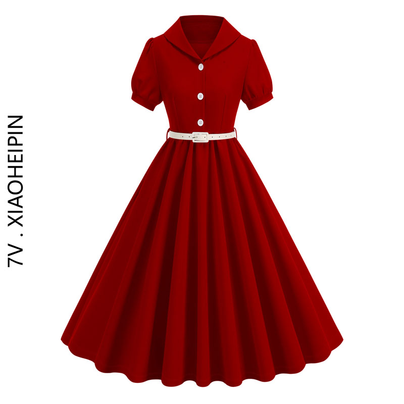 法式复古酒红色连衣裙赫本优雅气质大摆港风度假演出礼服女夏长裙