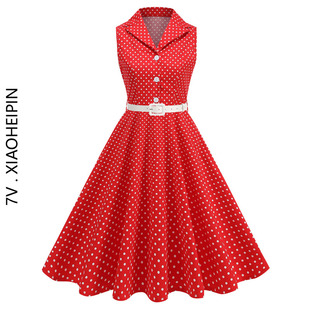 复古怀旧年代感港风波点翻领连衣裙气质收腰大摆中长款 裙子夏 无袖