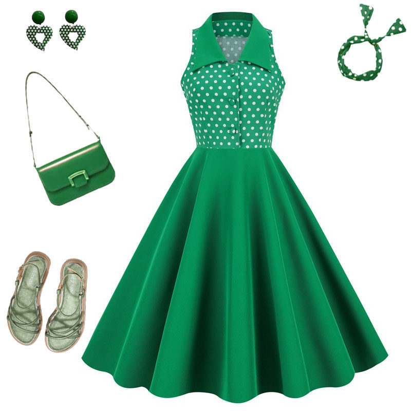 港风绿色波点复古派对年代感翻领气质洋气收大摆腰无袖连衣裙度假
