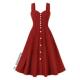 夏新款 单排扣无袖 红色背心裙小众别致气质中长复古大摆波点连衣裙