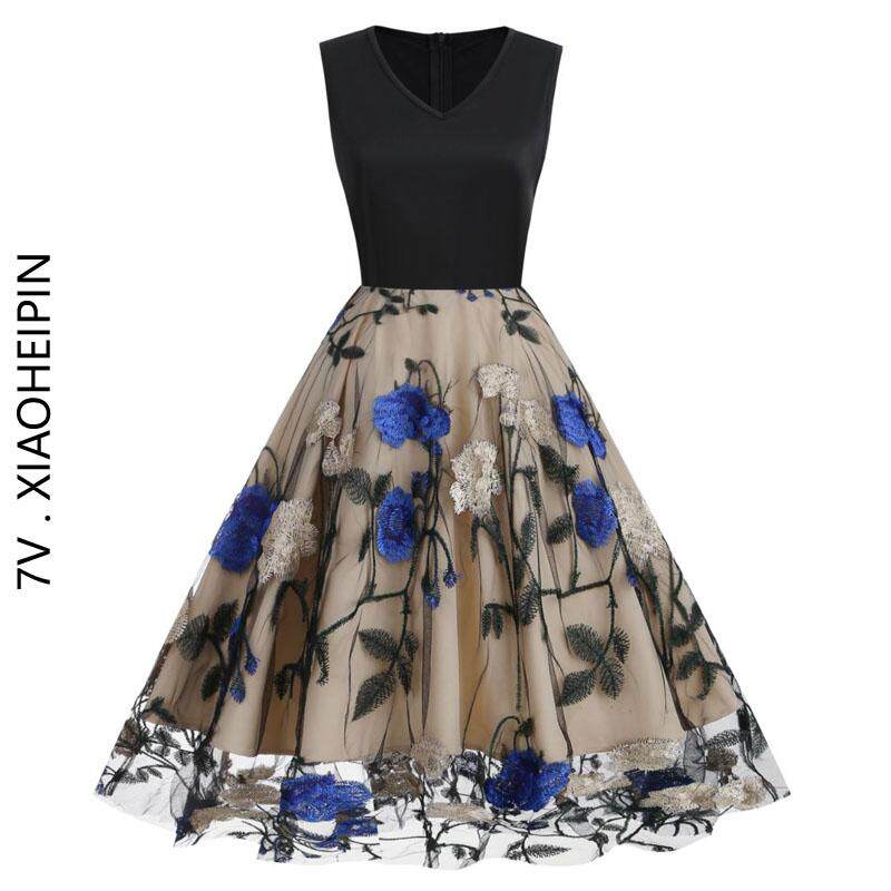 女夏气质欧美V领无袖网纱刺绣牡丹花拼接复古收腰大摆蓬蓬连衣裙