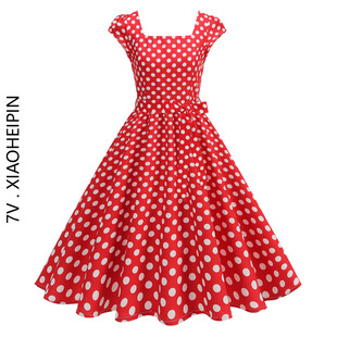 港风复古女装 波点连衣裙气质表演出舞蹈大摆中长裙 怀旧年代感无袖