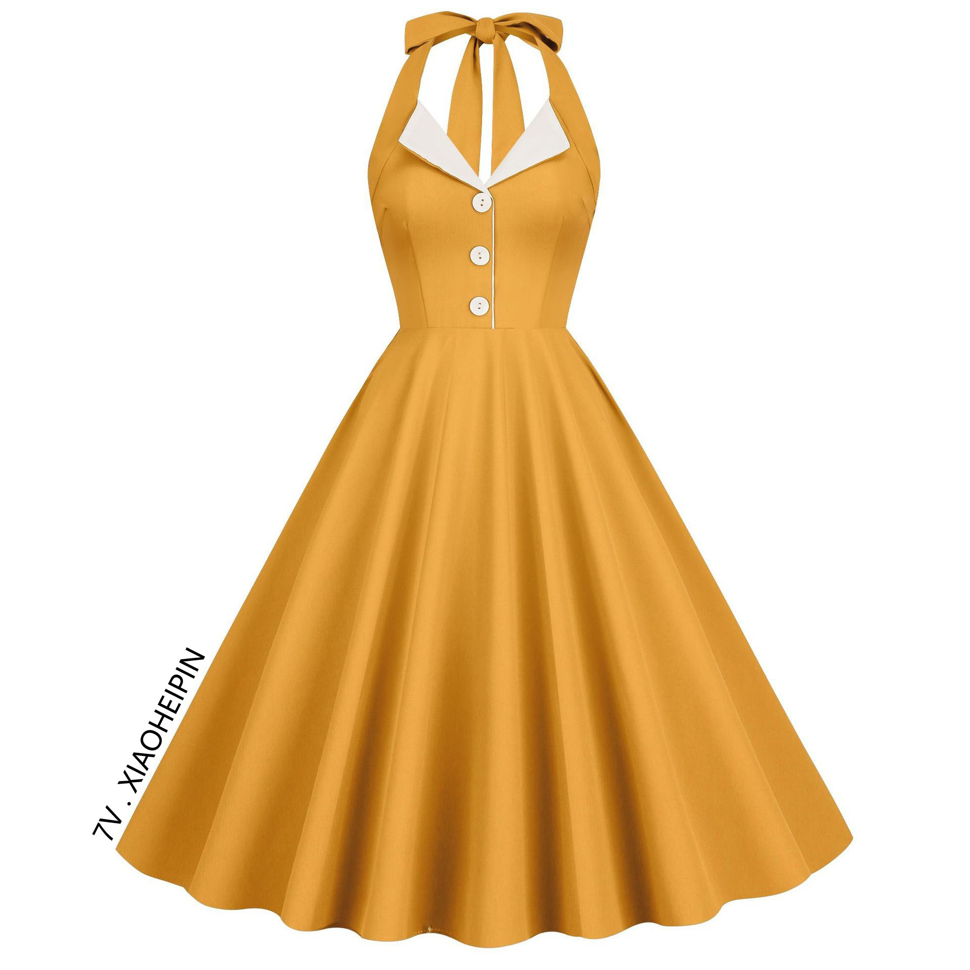 复古年代感大摆挂脖连衣裙