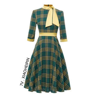 欧美轻熟风优雅气质复古港风年代感格子连衣裙七分袖 中长裙 春秋款