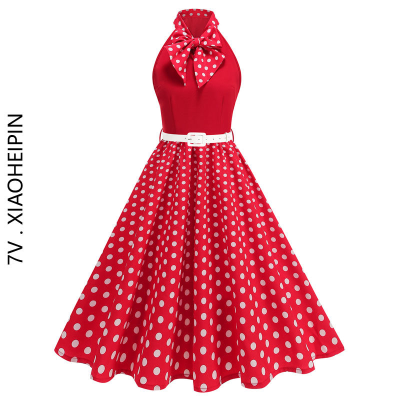 港风女神复古红色波点蝴蝶结无袖大摆派对表演舞蹈夏年代感连衣裙