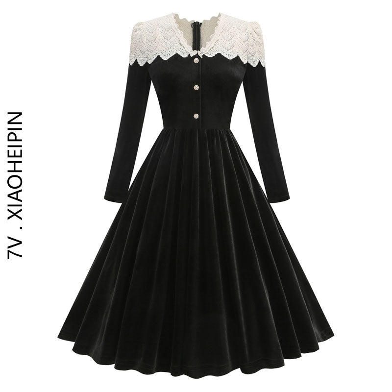 赫本风秋冬长袖女装蕾丝钩花镂空拼接金丝绒连衣裙收腰大摆中长裙