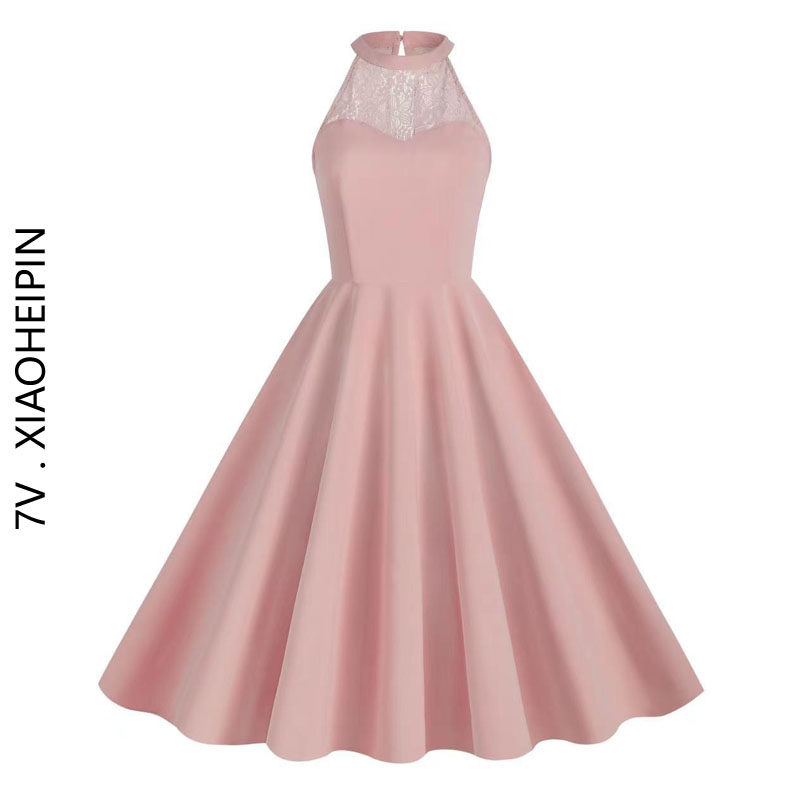 欧美女装挂脖无袖蕾丝拼接连衣裙礼服伴娘粉色收腰气质大摆垂感裙,女装/女士精品,连衣裙,淘宝优惠券,粉丝福利购,淘宝优惠卷