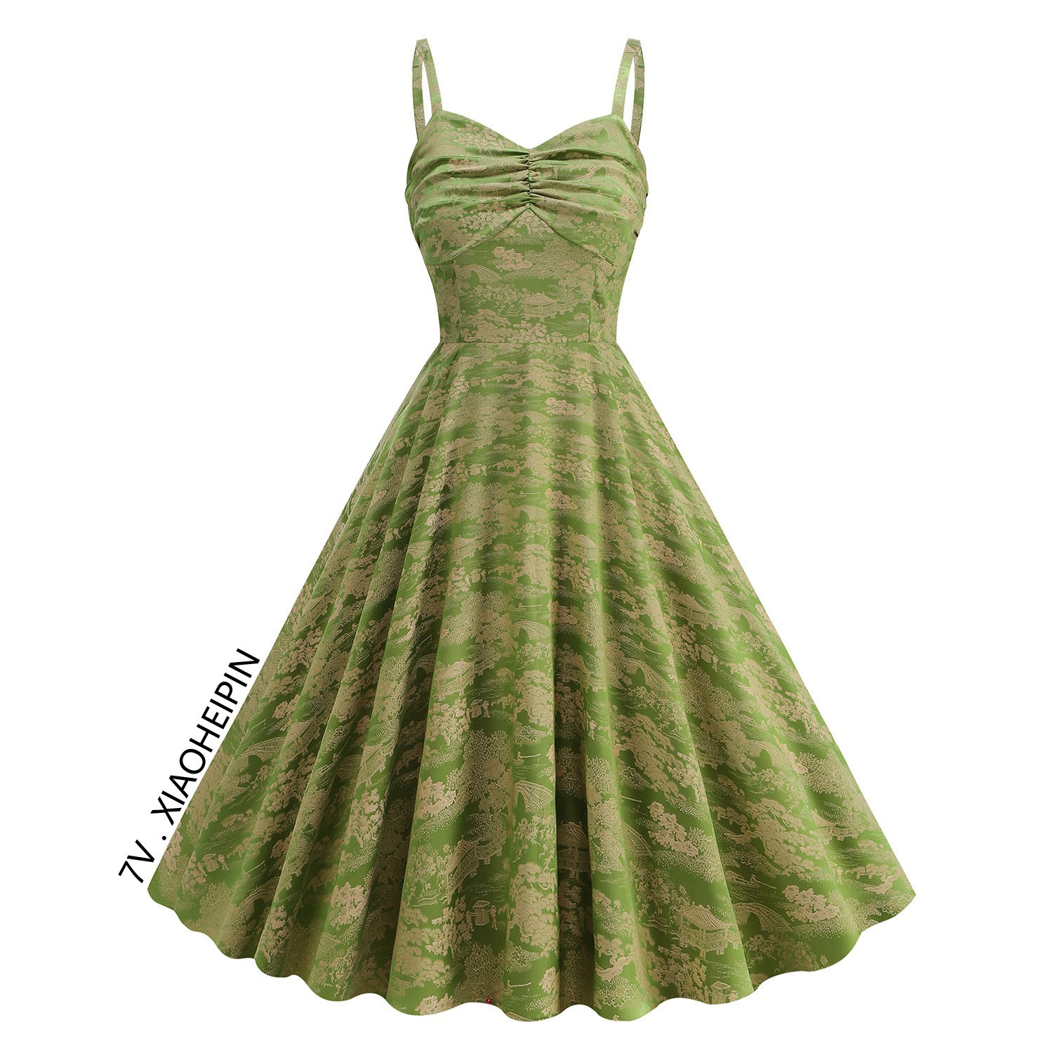 绿野仙踪绿色吊带连衣裙少女小众气质收腰大摆中长复古提花裙子夏