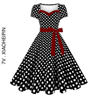 复古女装 收腰系带大摆港风怀旧表演出舞蹈波点连衣裙 赫本方领短袖