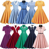 复古赫本风温柔优雅气质翻领短袖 设计感收腰大摆中长连衣裙夏长裙