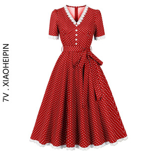 港风复古年代感蕾丝花边波点连衣裙法式 收腰气质高级感红色长裙夏