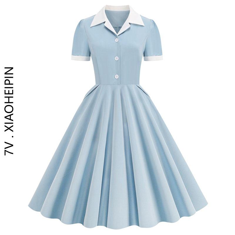 法式翻领气质中长裙复古赫本年代感怀旧纯色表演出服女大摆连衣裙