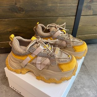 厚底老爹鞋女款2025新款爆款超火百搭真皮水钻轻便增高运动休闲鞋