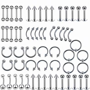 60个装穿孔穿刺饰品套装 唇钉舌钉耳骨钉鼻中隔环眉钉乳钉锁骨钉