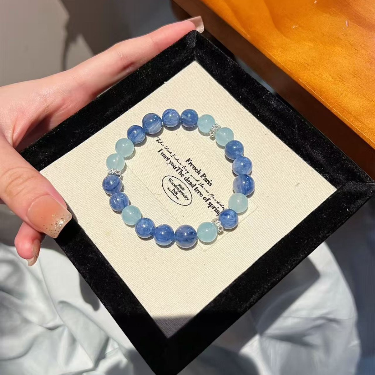 天然海蓝宝蓝晶石手链女款单圈百搭配饰气质百搭高级感手串