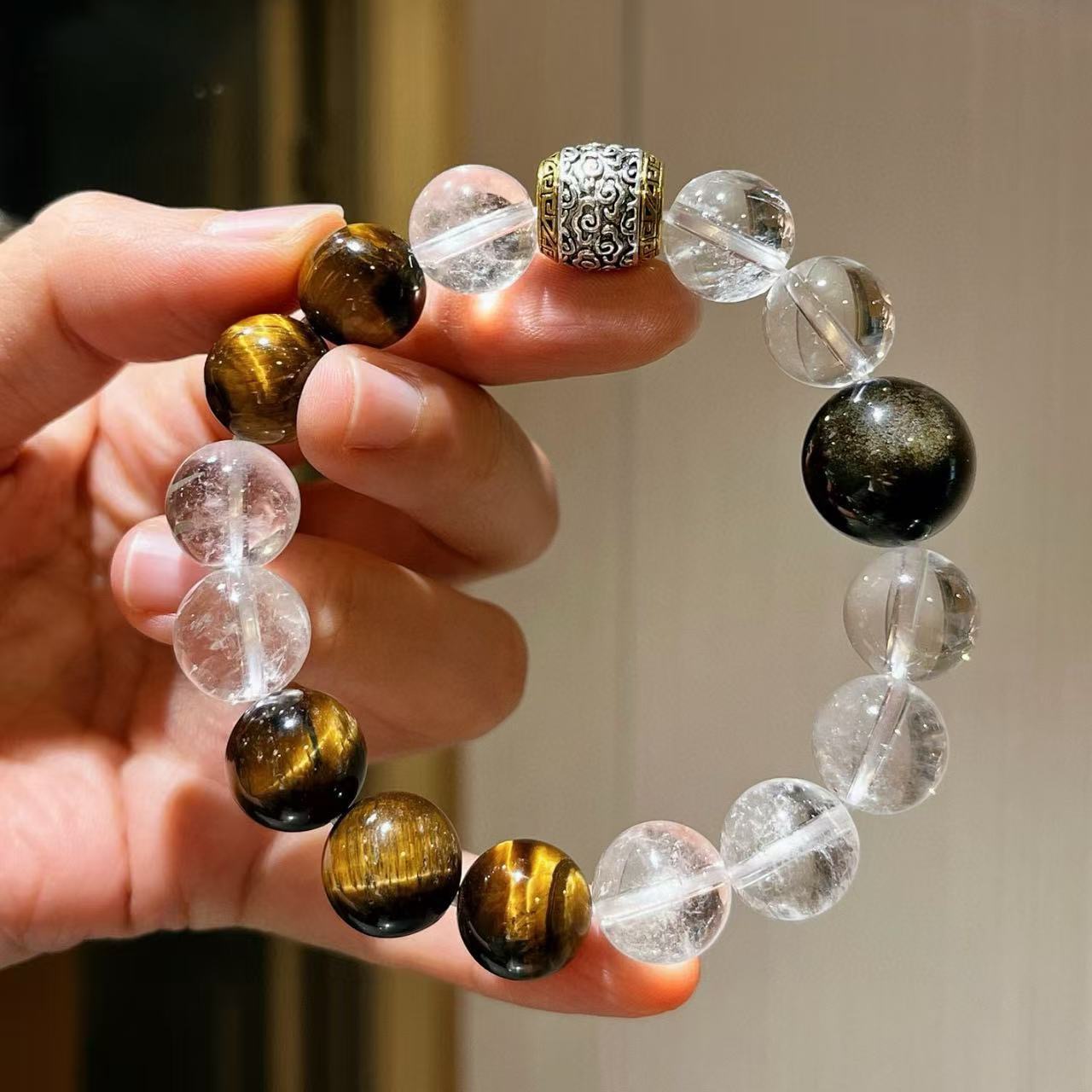 12mm大颗粒天然白水晶金曜石虎眼石设计感手链手串单圈百搭