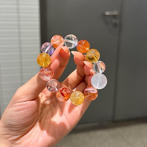 天然水晶多宝手串黄水晶手链黄胶花红胶花招财转运女款手饰