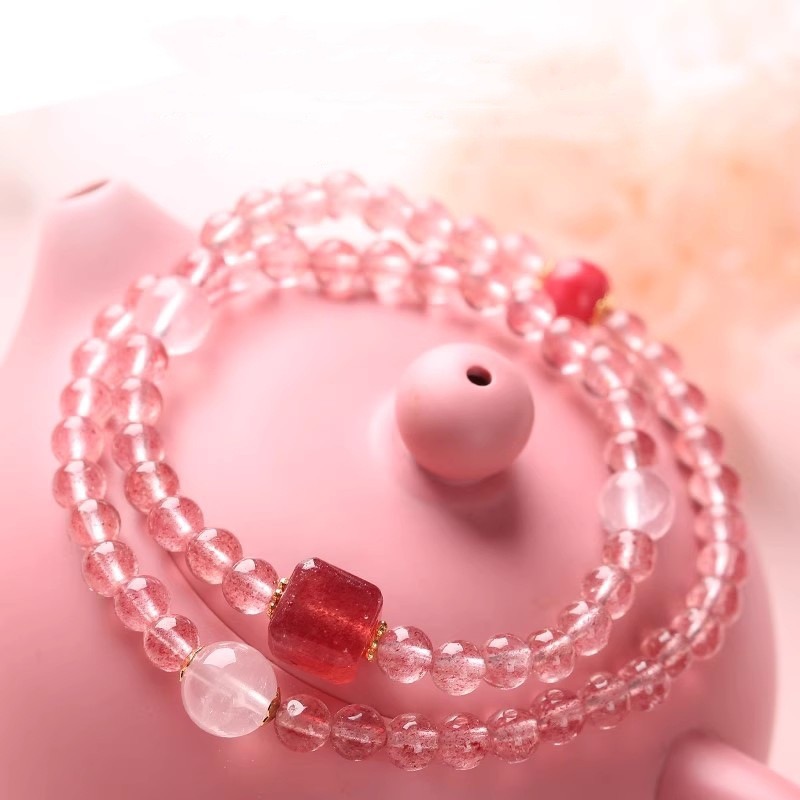 天然草莓晶手链女款双圈简约风格饰品礼物送女友生日礼物