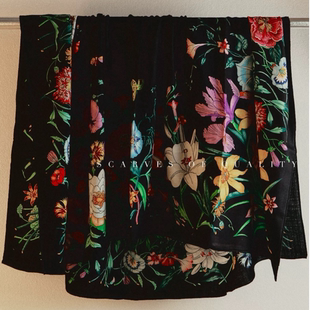 法式花卉 双面丝毛围巾女秋冬真丝丝巾羊毛大方巾披肩两用140cm