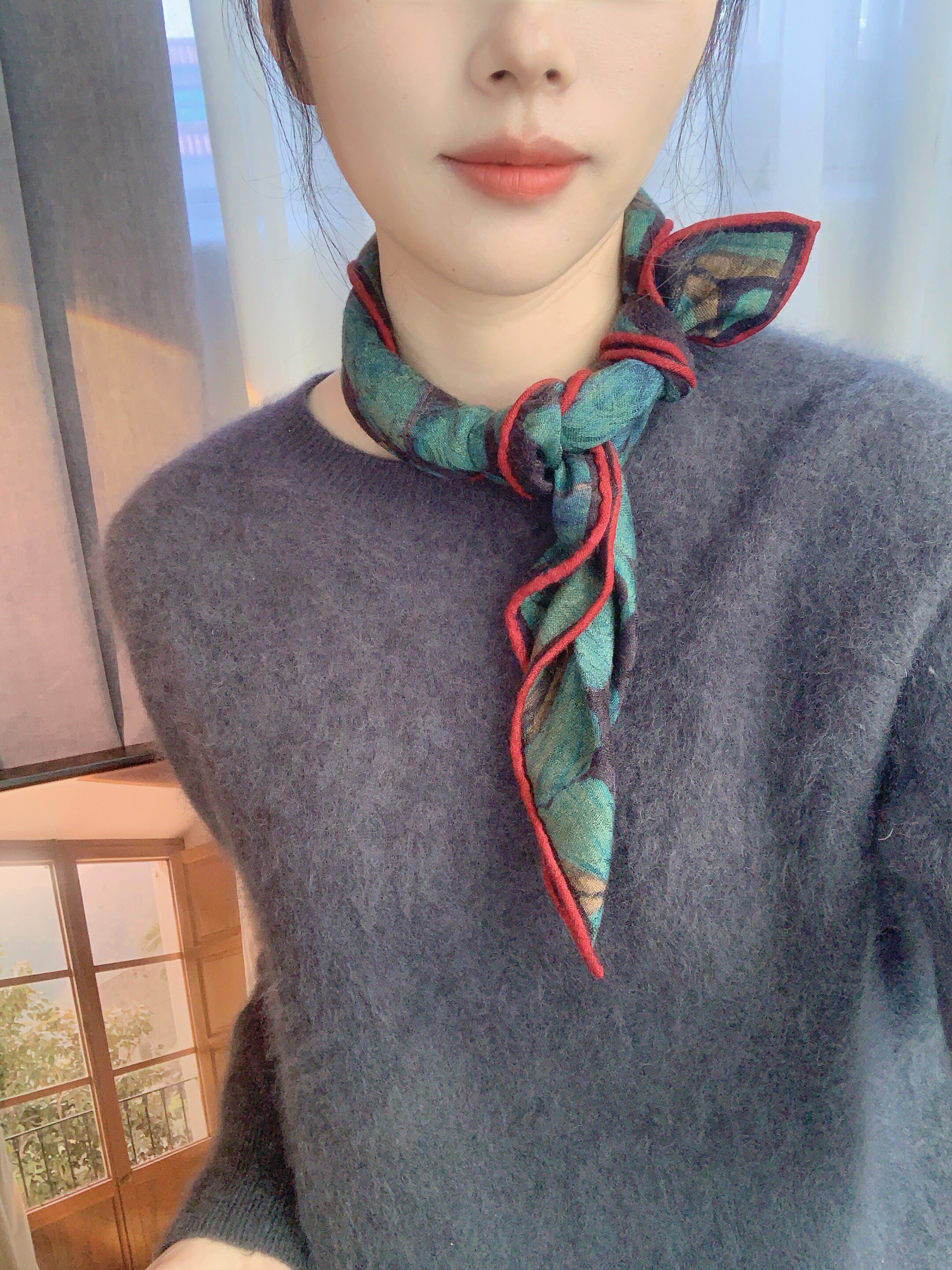 【青蓝蝶梦】提花双面桑蚕丝羊毛围巾秋冬高端送礼保暖方巾丝毛65