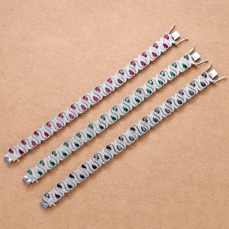 黑咖啡红刚玉绿尖晶手链女士925银轻奢华大气满钻欧美夸境手饰品