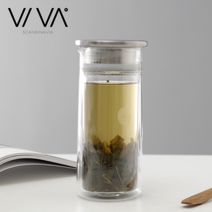 丹麦VIVA双层耐热玻璃泡茶壶茶水分离304不锈钢盖子茶漏茶杯640ml