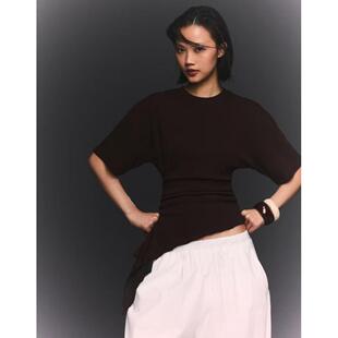 Bershka女子棕色修身褶边短袖T恤英国代购2026年春休闲上衣