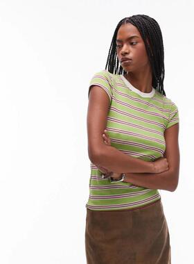 Topshop女子绿色条纹圆领短袖T恤英国正品代购2025春全棉休闲上衣