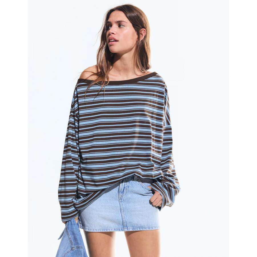 Bershka女子浅蓝色条纹不对称领长袖t恤英国正品代购2026年春