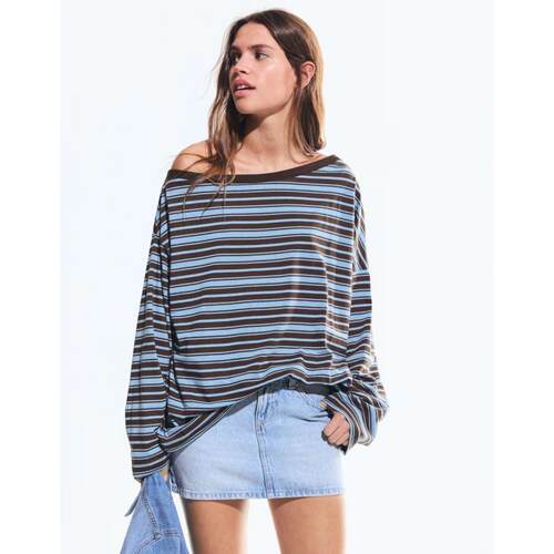 Bershka女子浅蓝色条纹不对称领长袖t恤英国正品代购2026年春
