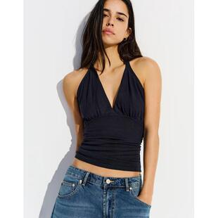 Bershka 女子性感黑色褶皱吊带上衣英国代购2026年春时尚背心