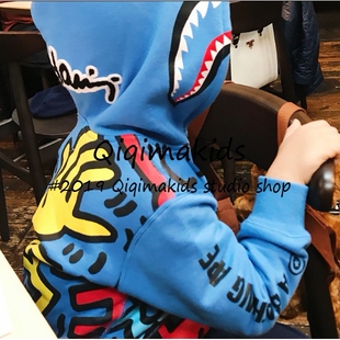 日系潮牌儿童bape鲨鱼连帽加绒卫衣秋装男女童装外套中大童拉链衫