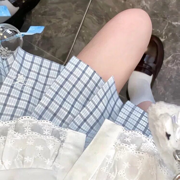 雾听海/本治高等原创jk制服灰蓝色百褶格裙春夏女半身裙学院风TR
