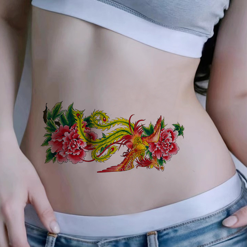 6张彩绘彩色凤凰纹身贴性感防水可水洗女仿真疤痕肚子腹腰部手臂