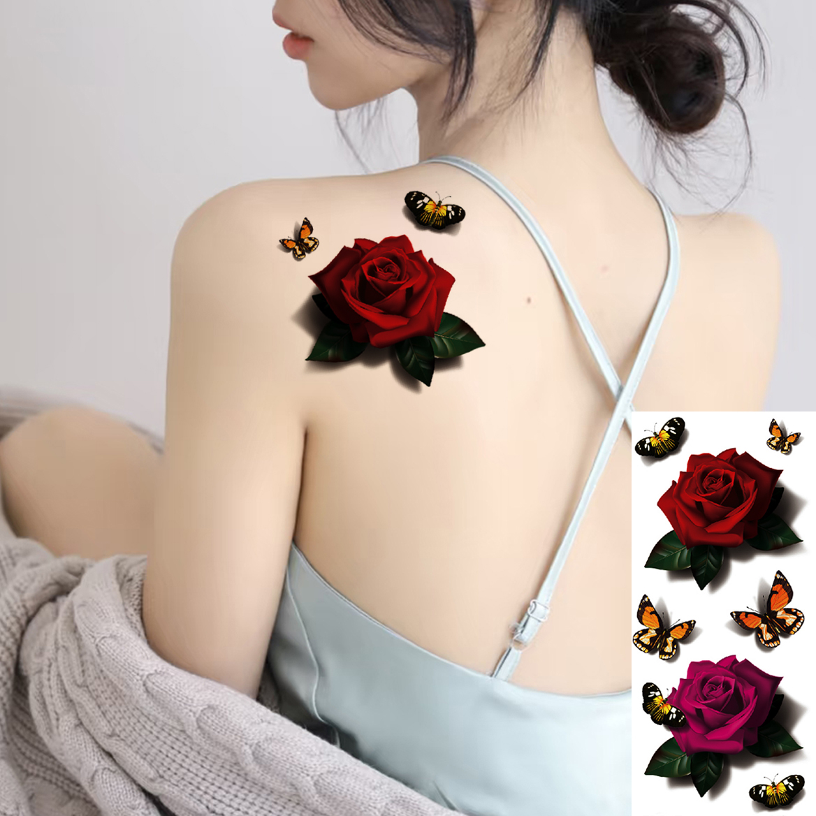 6张包邮3D立体纹身贴防水持久蝴蝶玫瑰花朵性感锁骨花朵清新背部