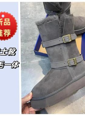 羊皮毛一体厚底雪地靴女冬季保暖加厚中高筒皮带扣真皮骑士靴