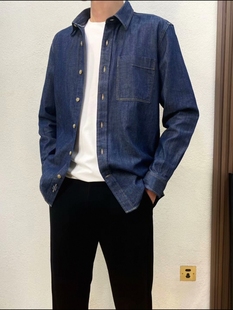 韩版 男士 衬衫 牛仔长袖 宽松休闲纯色衬衣外套棉麻衬衣 秋冬新款