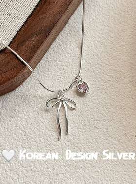 蝴蝶结粉钻s925纯银爱心项链女ins 甜美简约小众设计少女心