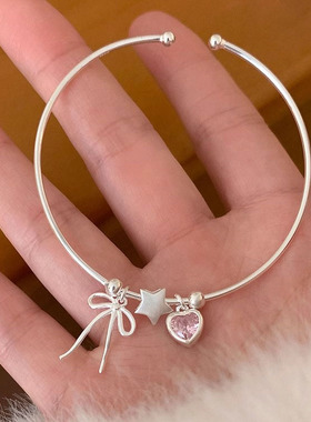s925纯银蝴蝶结粉钻爱心手镯女 财阀千金ins风甜美轻奢高级感手环