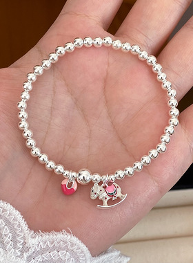 S925纯银珐琅木马银珠手链女甜美可爱多巴胺彩色手饰马年生肖手串