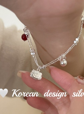 韩版高级感ins风手饰品 S925纯银双层凯蒂猫圆珠红玛瑙手链小众女