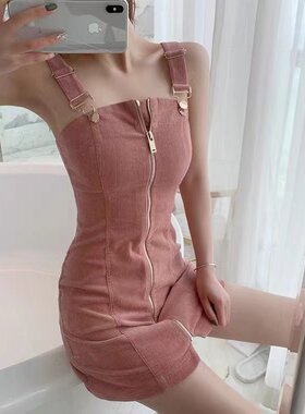 拉链连衣裙户外性感一字肩背带裙女主播上镜服装清纯