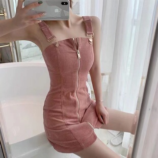 拉链连衣裙户外性感一字肩背带裙女主播上镜服装清纯