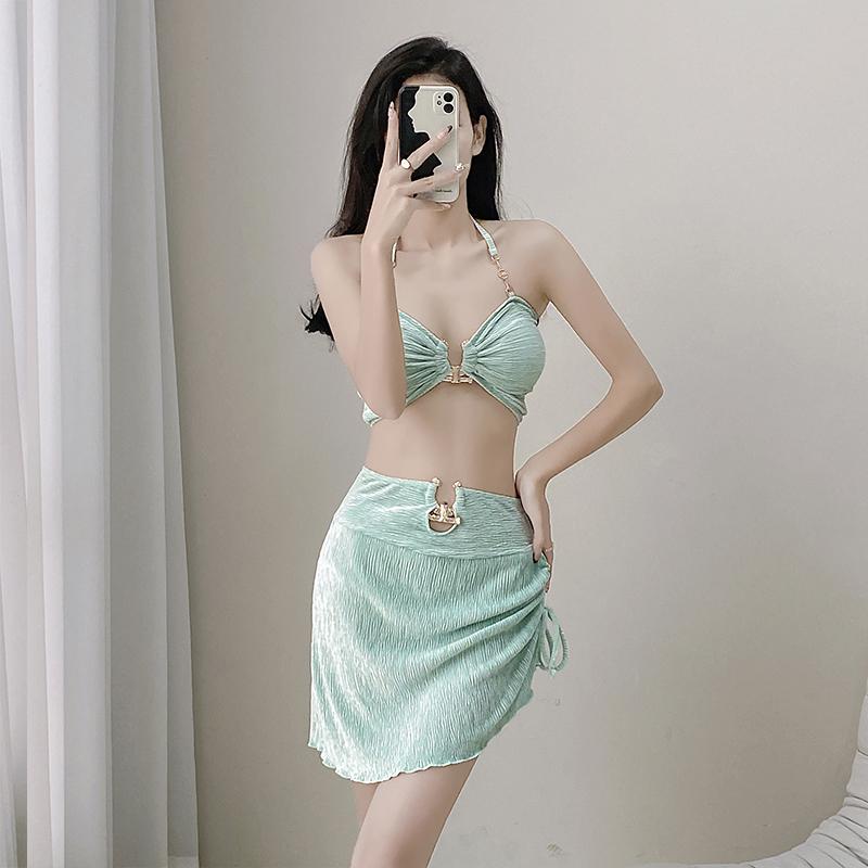 泳衣女网红辣妹裙式比基尼三件套小胸聚拢性感纯欲风温泉度假泳装