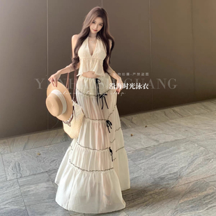 泳衣女高级感分体深V三角裤 比基尼三件套长裙显瘦遮肚温泉度假风