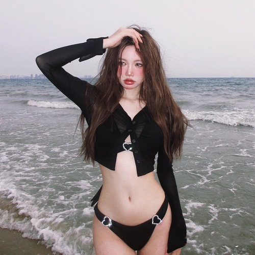 泳衣女性感比基尼长袖罩衫三件套