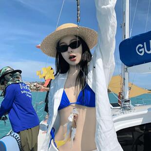 泳衣女克莱因蓝性感比基尼三点式 辣妹度假风温泉 绑带聚拢胸三点式