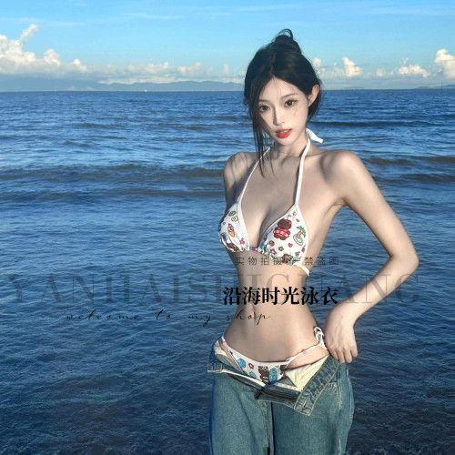 性感猫咪印花比基尼三角挂脖泳衣